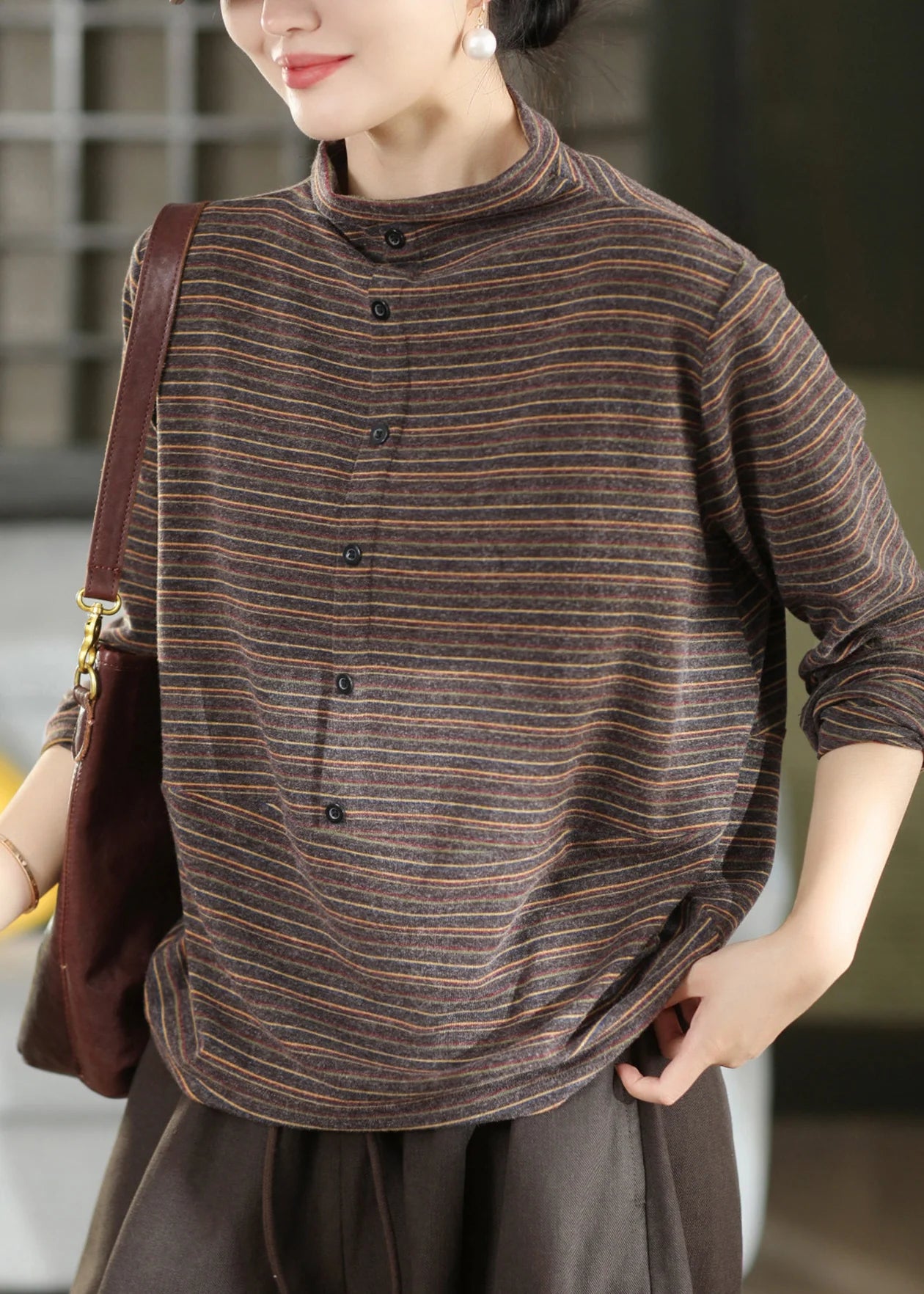 Top Femme Col Montant Rayé Style Automnal 3
