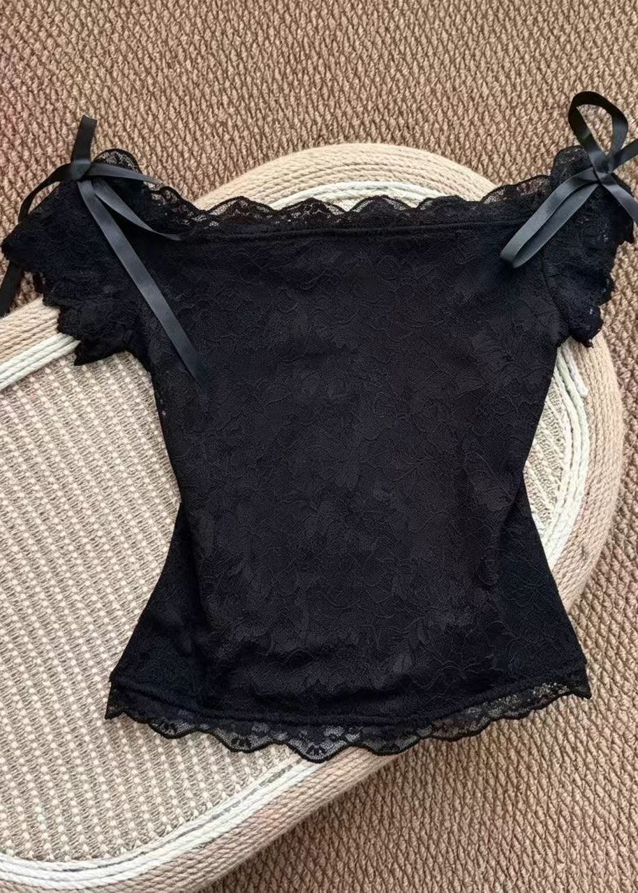 Top Femme Dentelle Nœud Col Oblique Été 0