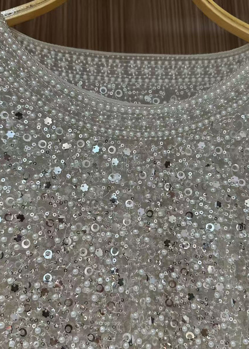 Top Femme en Tulle Perlé à Paillettes Blancs 2