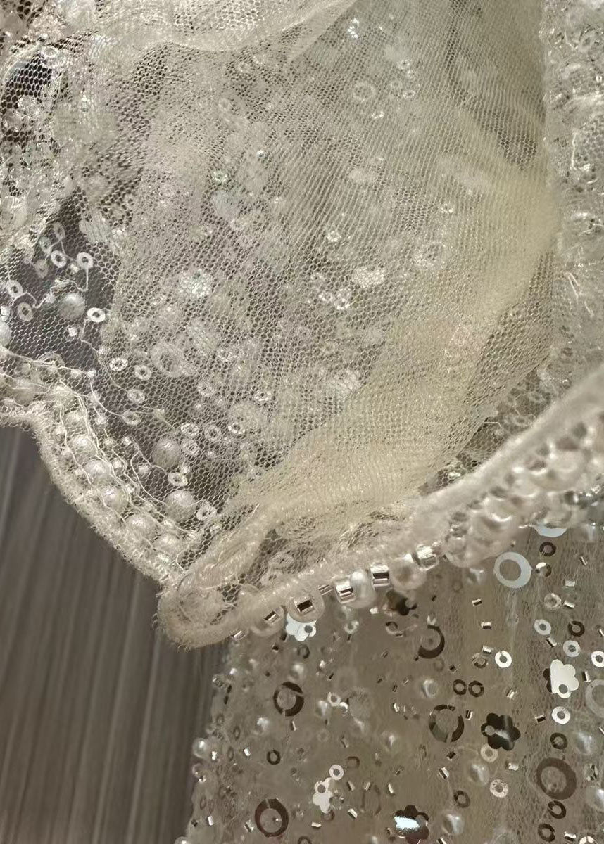Top Femme en Tulle Perlé à Paillettes Blancs 4