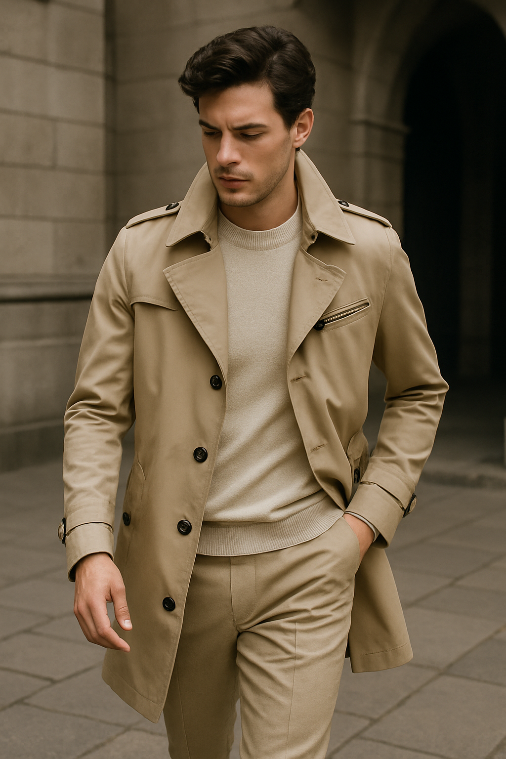 Trench Coat Homme Double Boutonnage Tissu Structuré 1