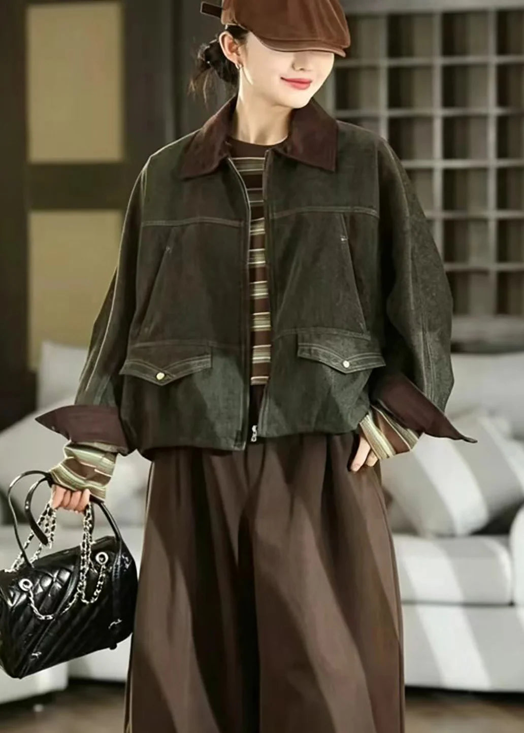 Veste Femme Vintage À Col Rabattu Style Décontracté 3