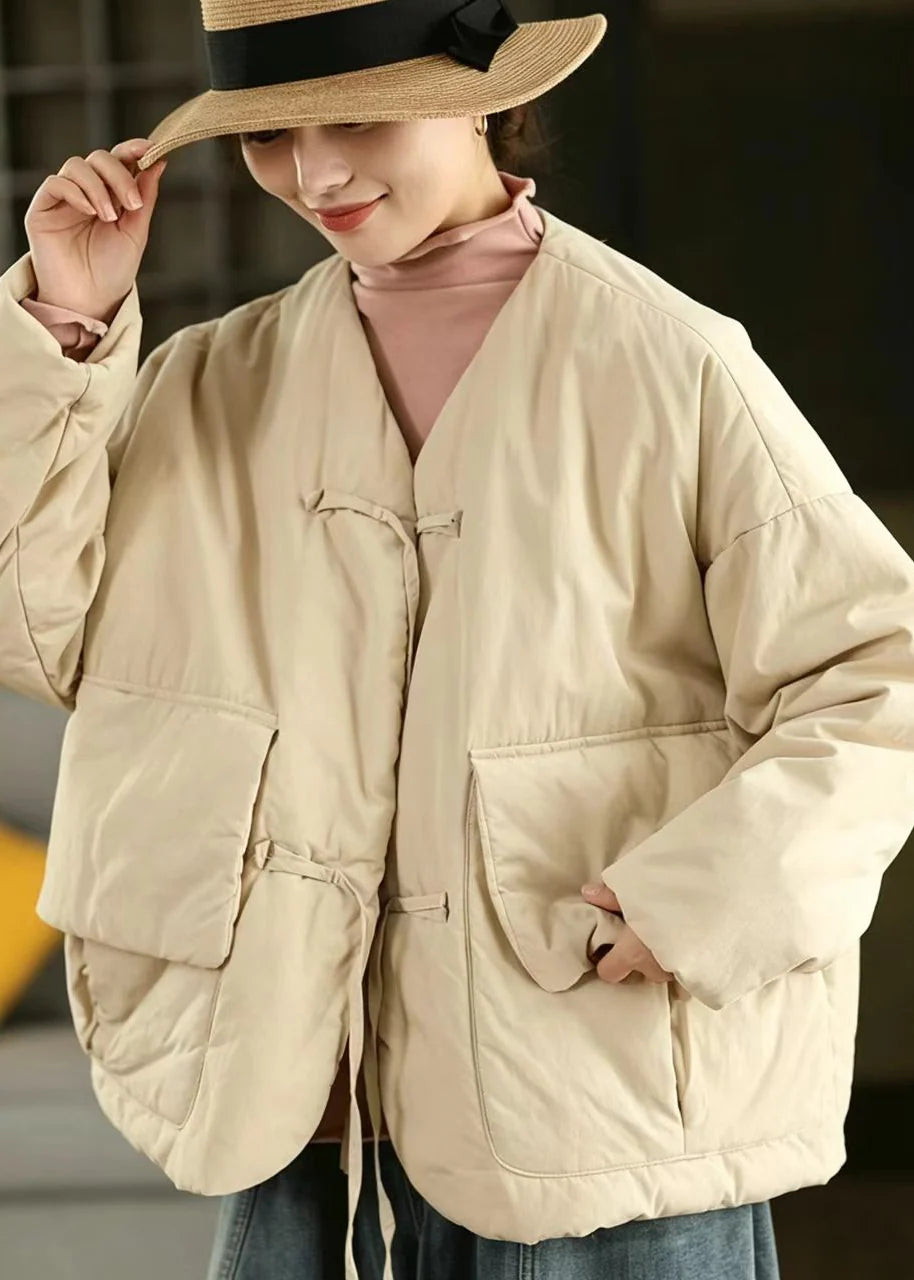 Veste d'hiver ample à col en V avec grandes poches pour femme 3