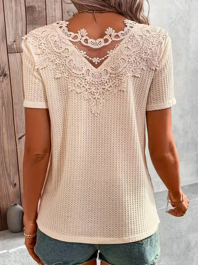 T Shirt Femme Décolleté Rond Dentelle Coton Confortable-6