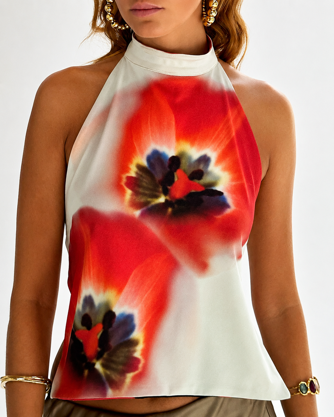 Débardeur Dos Nu Imprimé Femme Halter en Mélange Polyester Coton