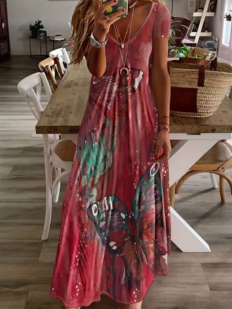 Variant image for Robe Femme Col en V Imprimé Papillon 100% Polyester Printemps Été-8