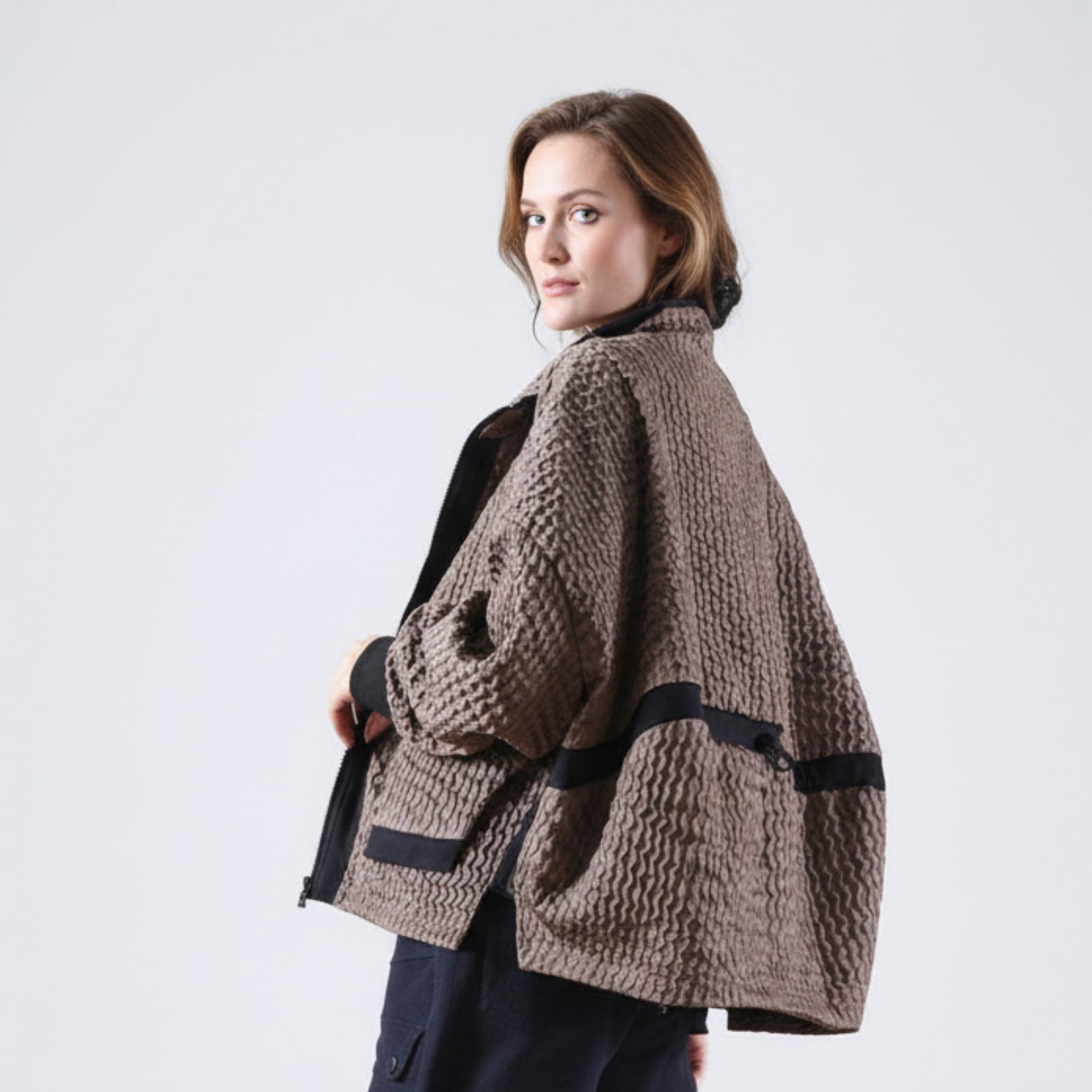 Manteau en Velours Côtelé Caramel à Fermeture Éclair pour Femme