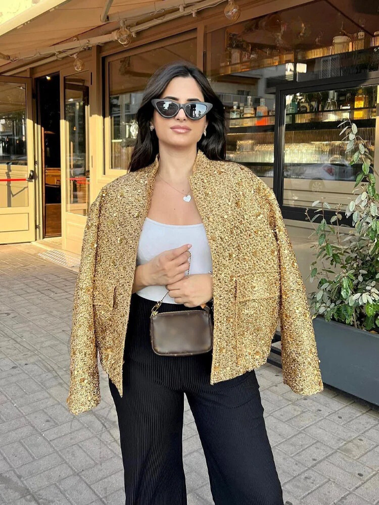 Veste à paillettes dorées pour femmes