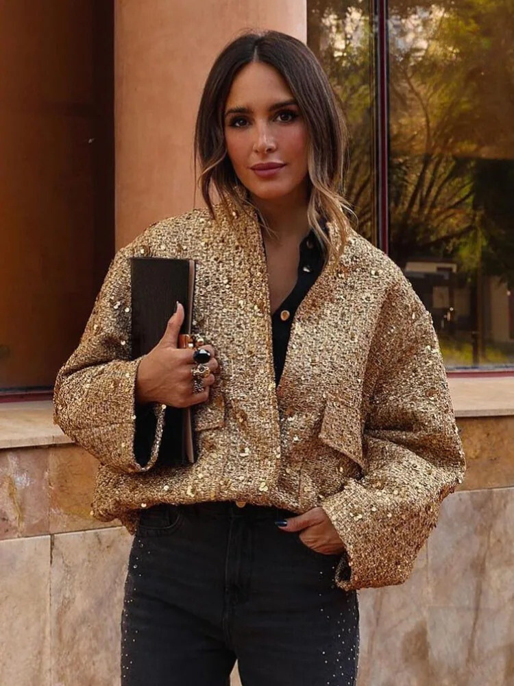 Veste à paillettes dorées pour femmes