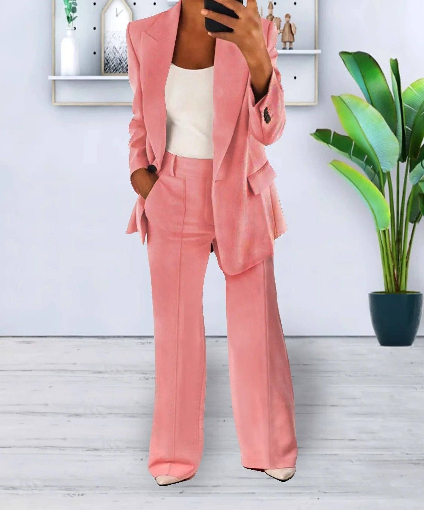 Variant image for Ensemble Femme Blazer et Pantalons Amples Noir Décontracté en Polyester-2