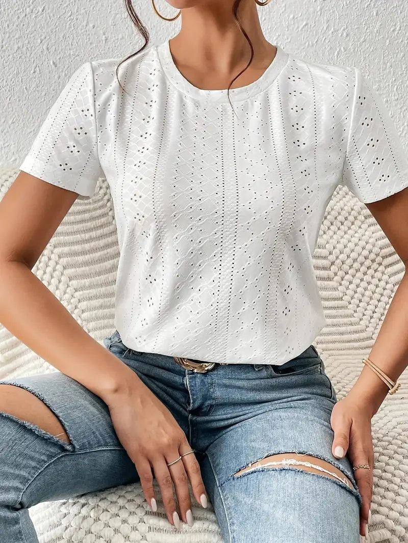 Variant image for T Shirt Femme Décontracté Col Rond avec Œillets 100% Coton-1