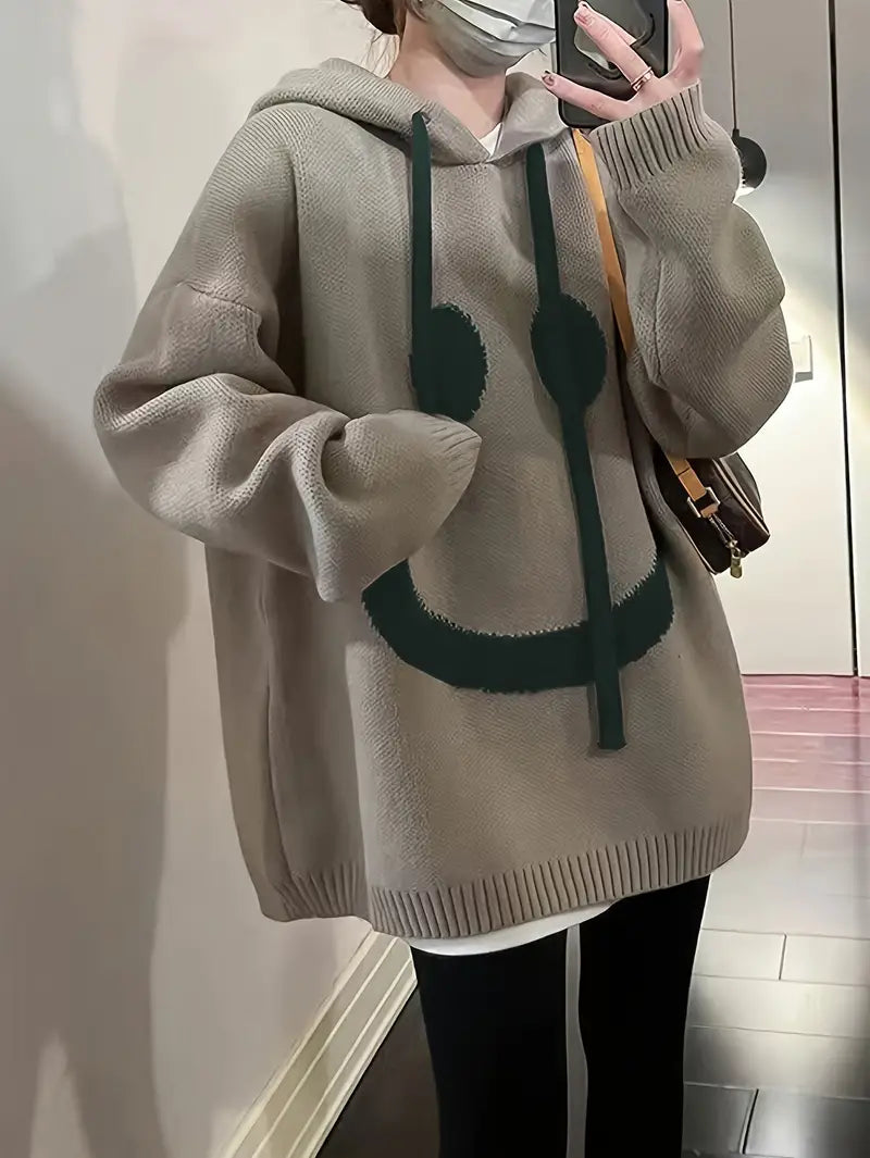 Sweat À Capuche Femme Design Sourire Coton Avec Cordon Réglable-4