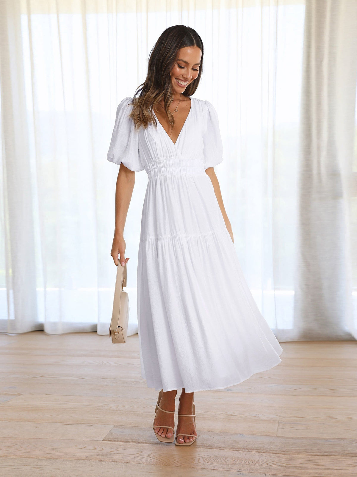 Variant image for Robe Longue Femme Col en V Manches Bouffantes Élégante Polyester-25