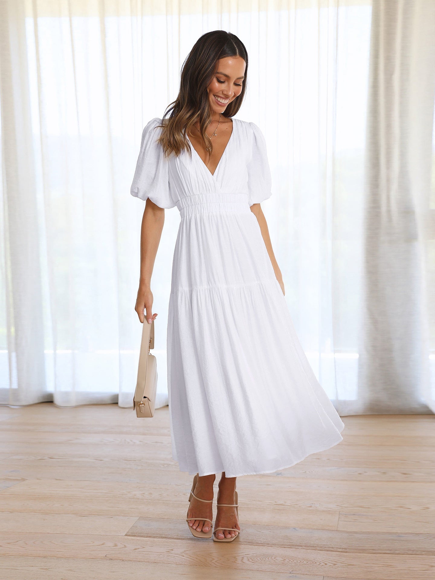 Variant image for Robe Longue Femme Col en V Manches Bouffantes Élégante Polyester-25