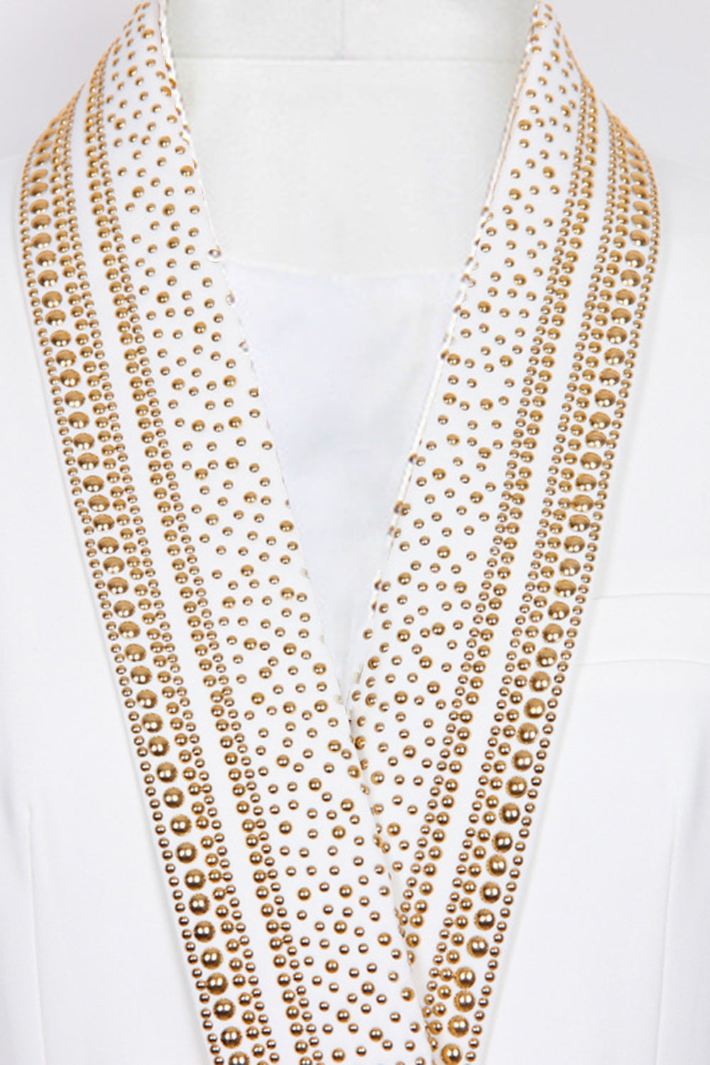 Blazer Femme Blanc Chic Détails en Perles Dorées Polyester Double Boutonnage-2