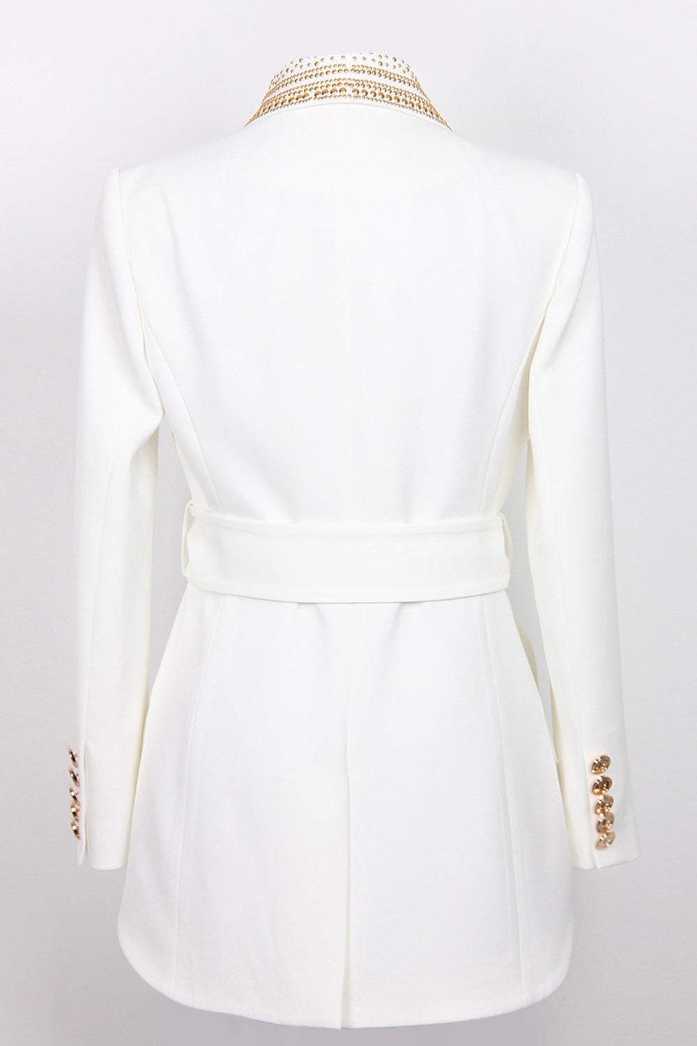 Blazer Femme Blanc Chic Détails en Perles Dorées Polyester Double Boutonnage-1