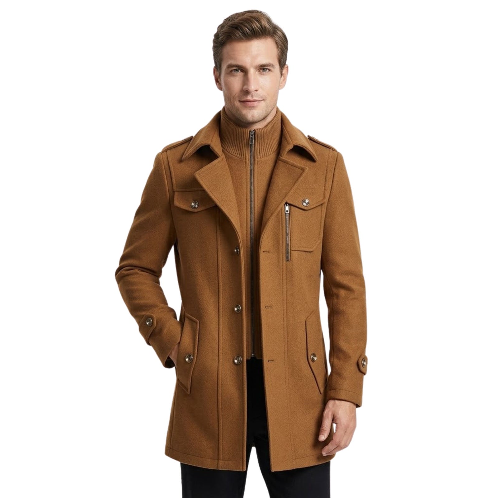 Manteau Homme Hiver Coupe Cintrée avec Devant Boutonné et Poches Pratiques