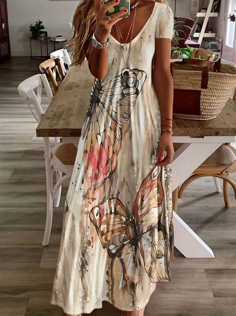 Variant image for Robe Femme Col en V Imprimé Papillon 100% Polyester Printemps Été-48