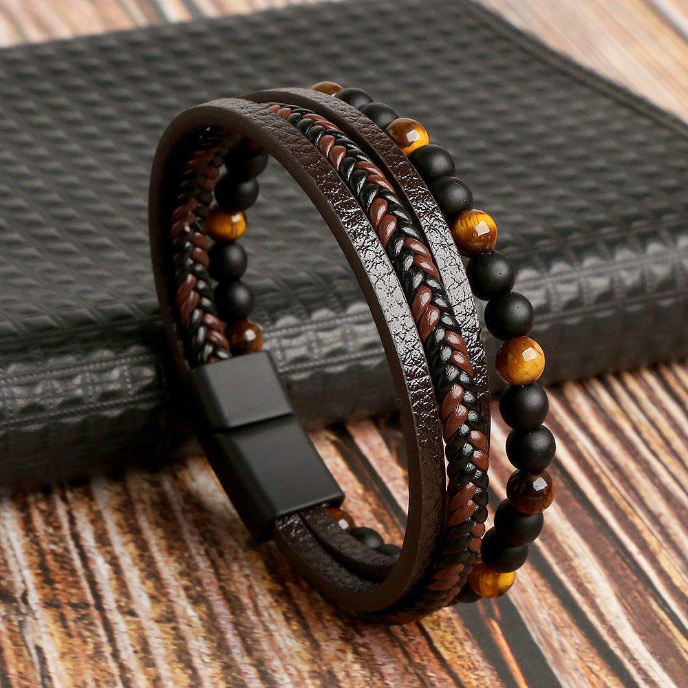 Bracelet Femme Tressé Cuir Artificiel avec Perles Assorties 1