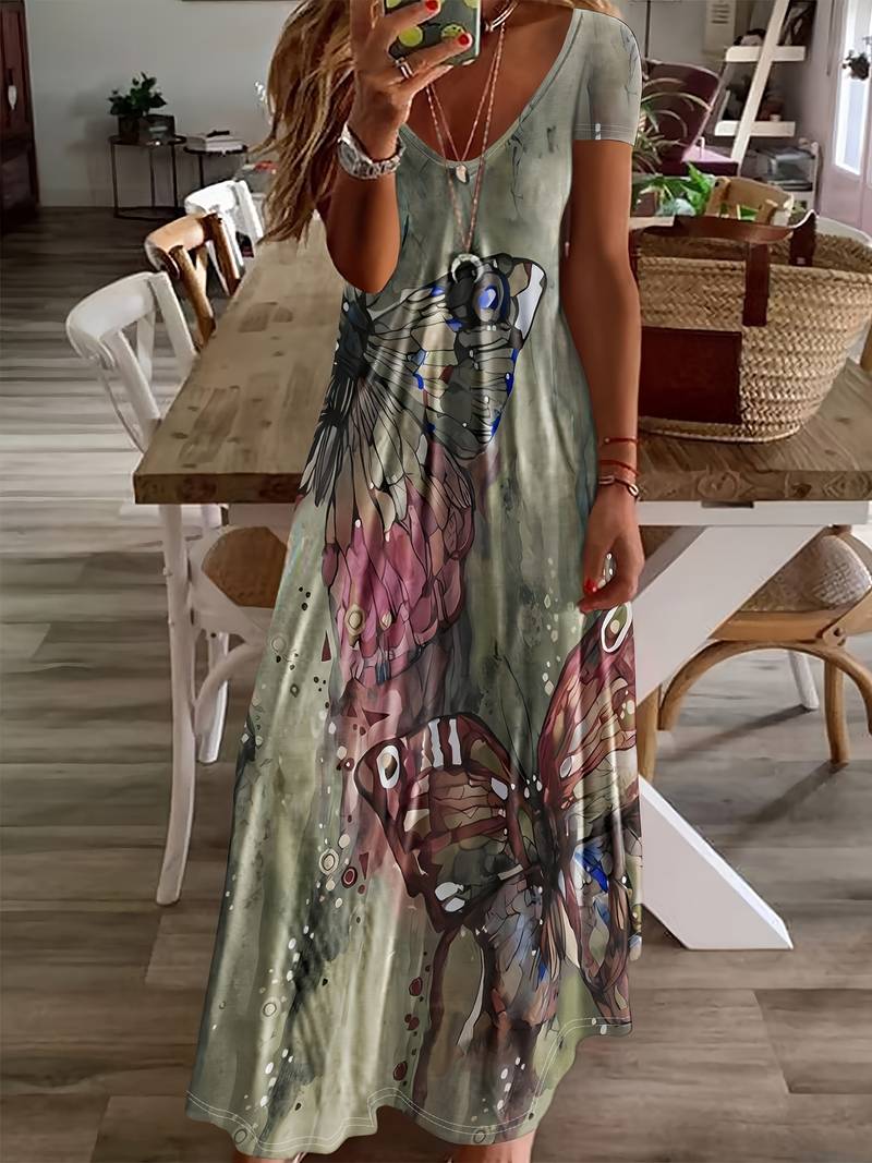 Variant image for Robe Femme Col en V Imprimé Papillon 100% Polyester Printemps Été-32