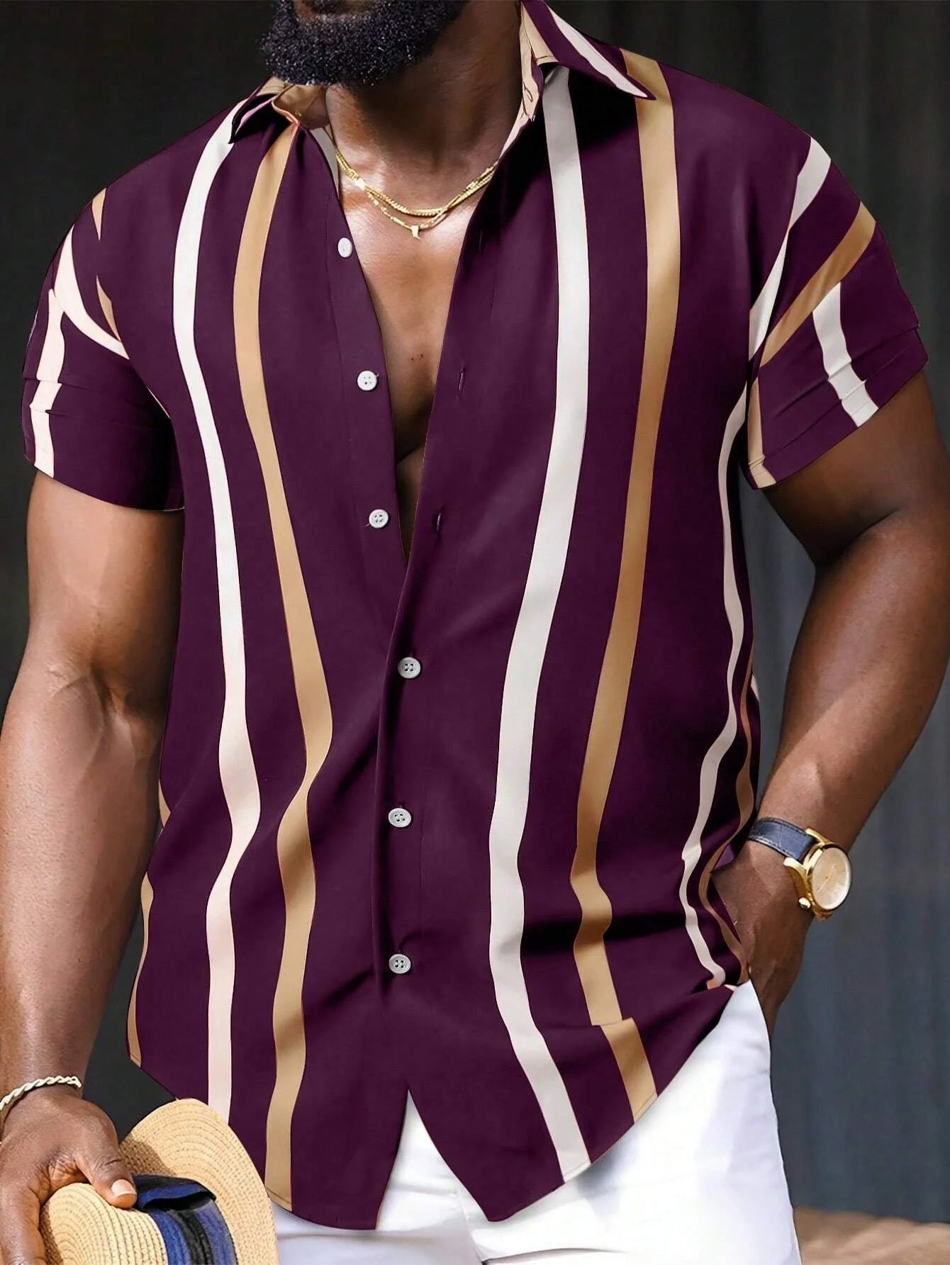 Variant image for Chemise Homme Élégante à Rayures Dorées Tissu de Haute Qualité-38