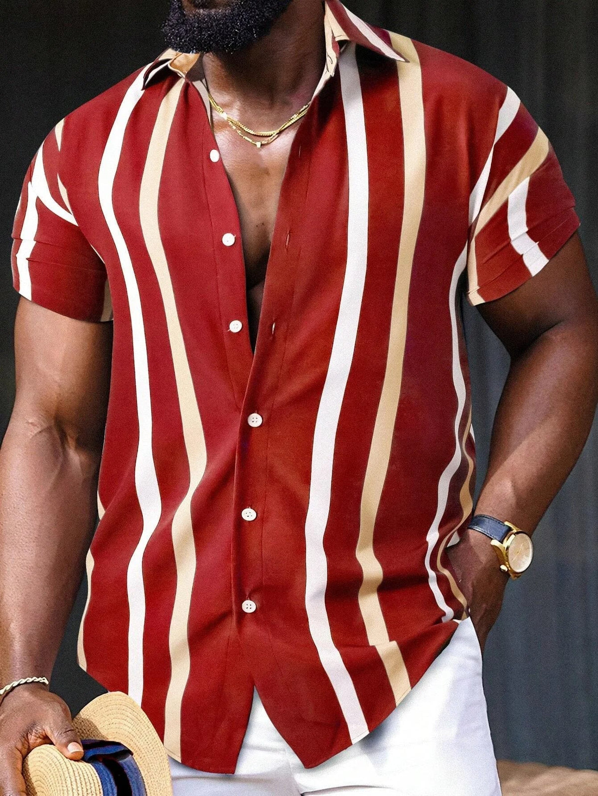 Variant image for Chemise Homme Élégante à Rayures Dorées Tissu de Haute Qualité-44