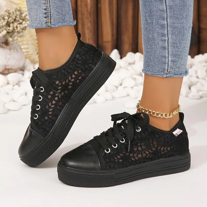 Baskets Femme Aéré Textile à Lacets avec Semelle Élevée 3