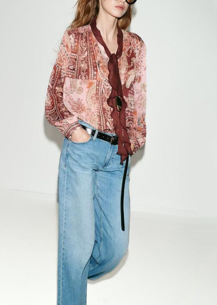 Blouse Femme Drapée à Lacets Imprimée Manches Longues 1