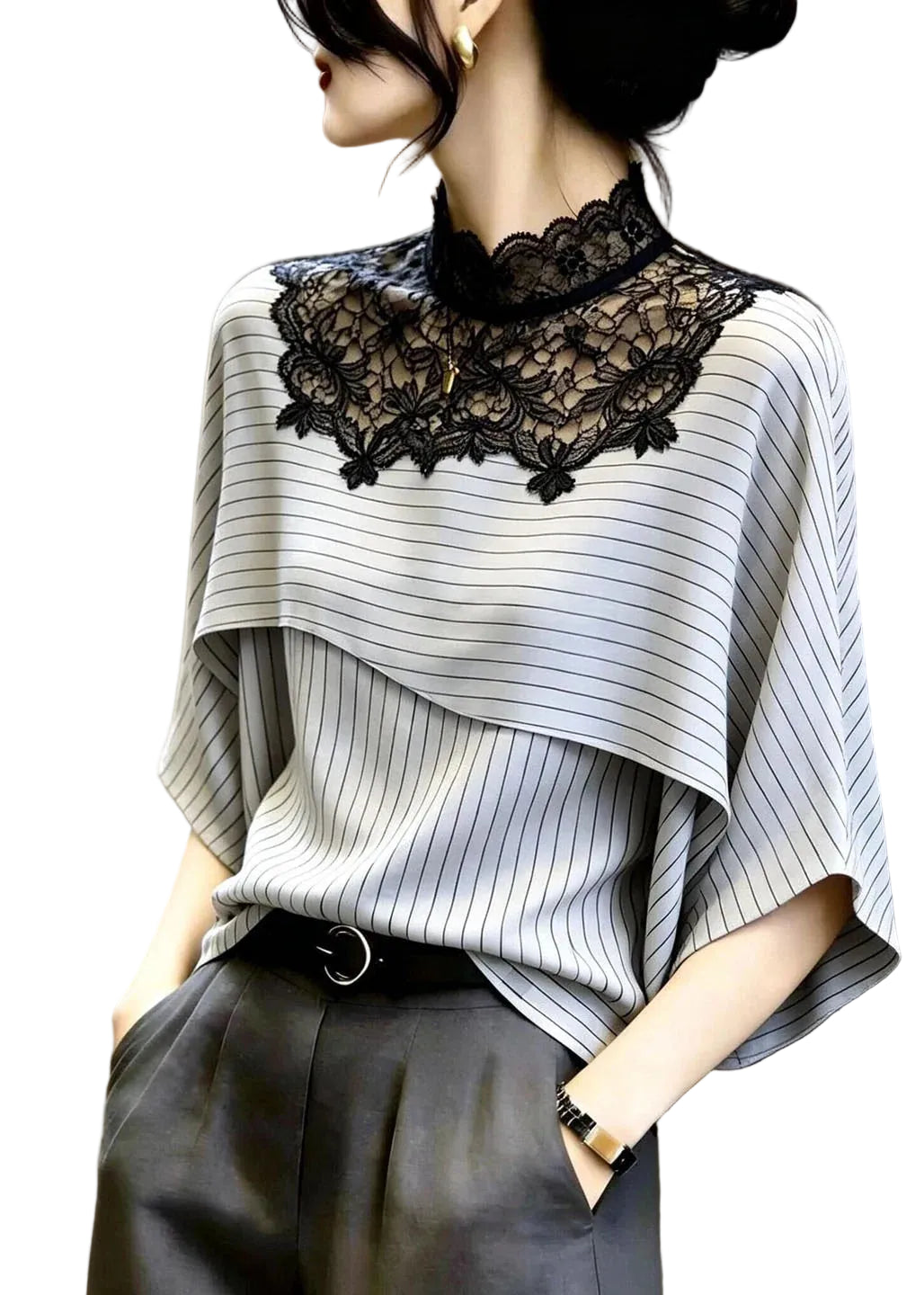 Blouse Femme Été Rayée Patchwork Dentelle 0