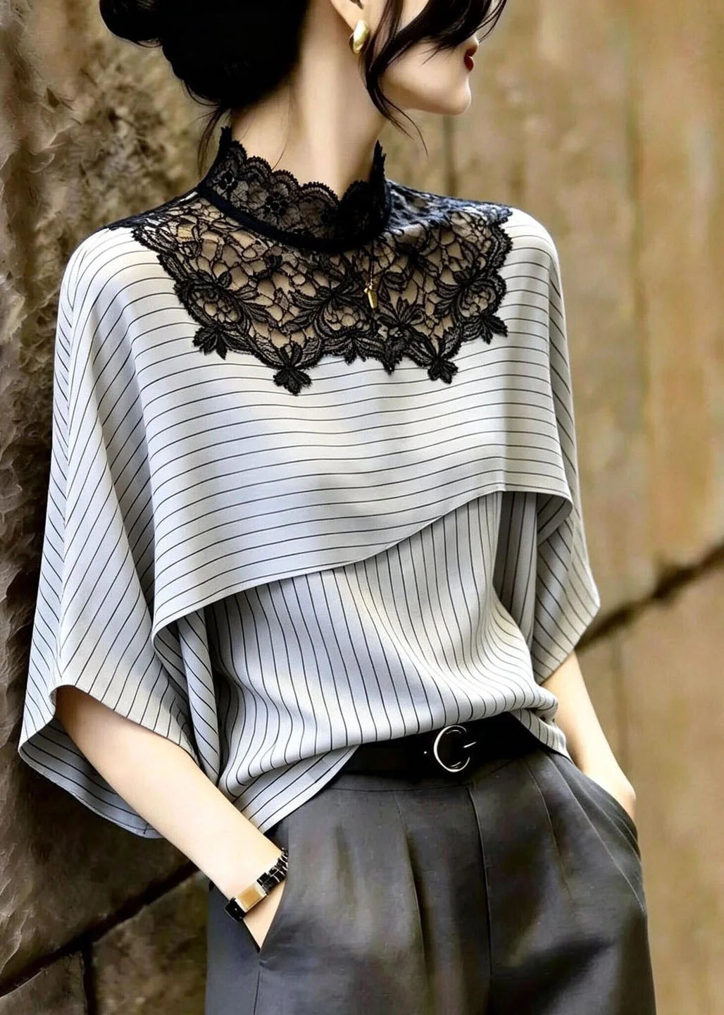 Blouse Femme Été Rayée Patchwork Dentelle 2
