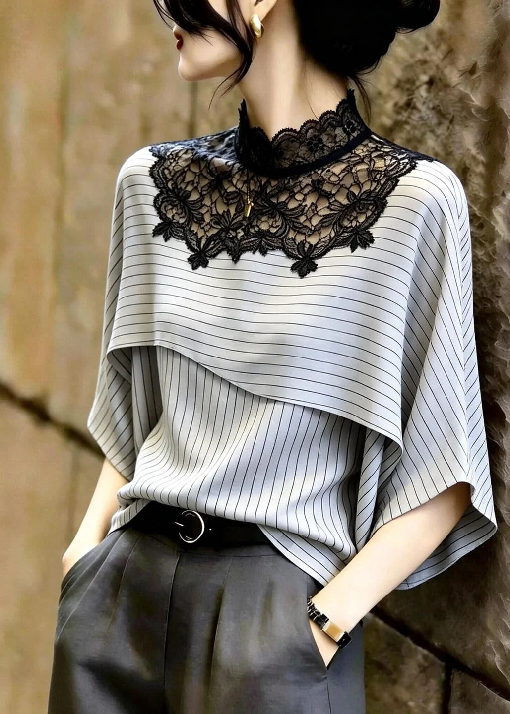 Blouse Femme Été Rayée Patchwork Dentelle 4