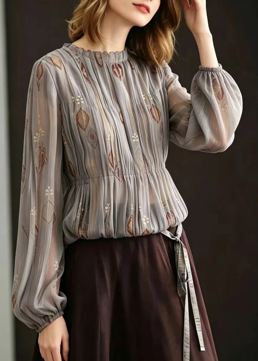 Blouse Femme Plissée Jacquard Col Rond Automne 1