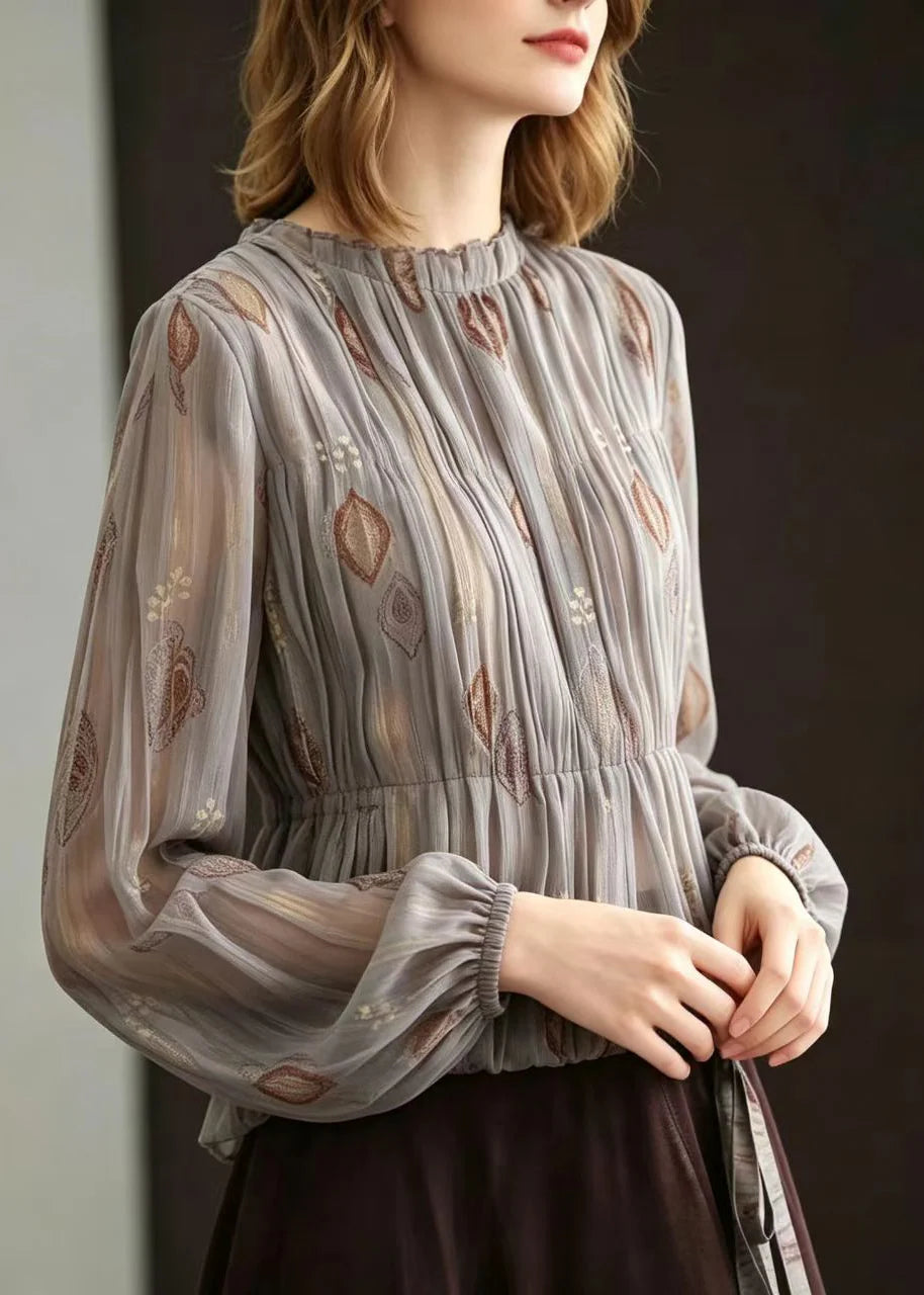 Blouse Femme Plissée Jacquard Col Rond Automne 3