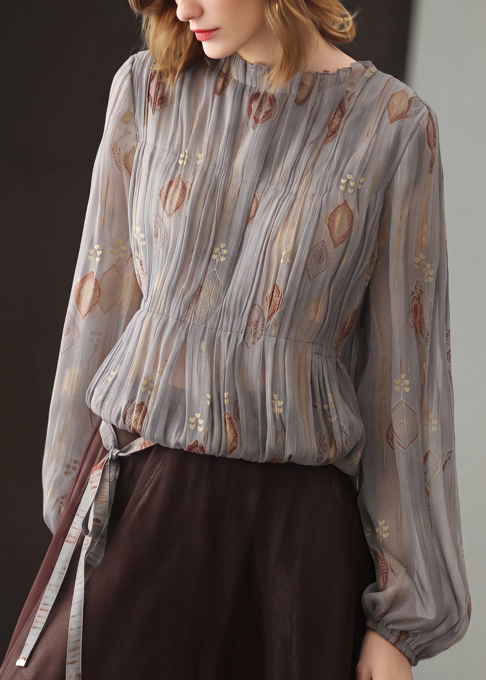 Blouse Femme Plissée Jacquard Col Rond Automne 4