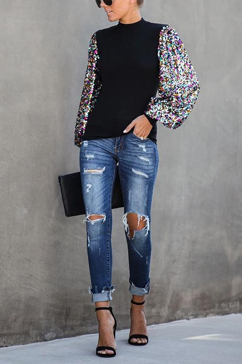 Blouse Femme à Manches Lanternes et Paillettes 2