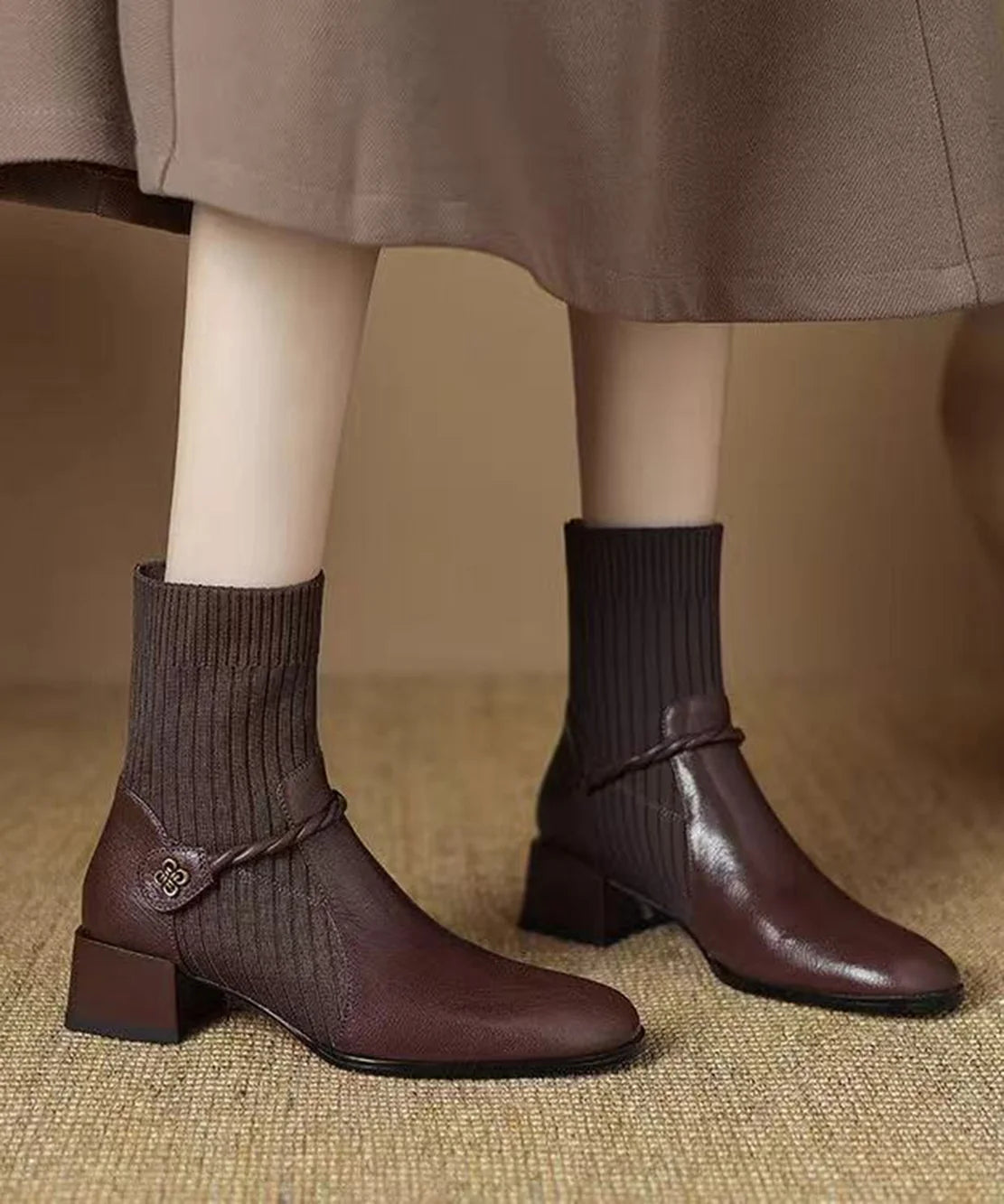 Bottes Chaussettes Femme Style Tressé et Talon Épais 0