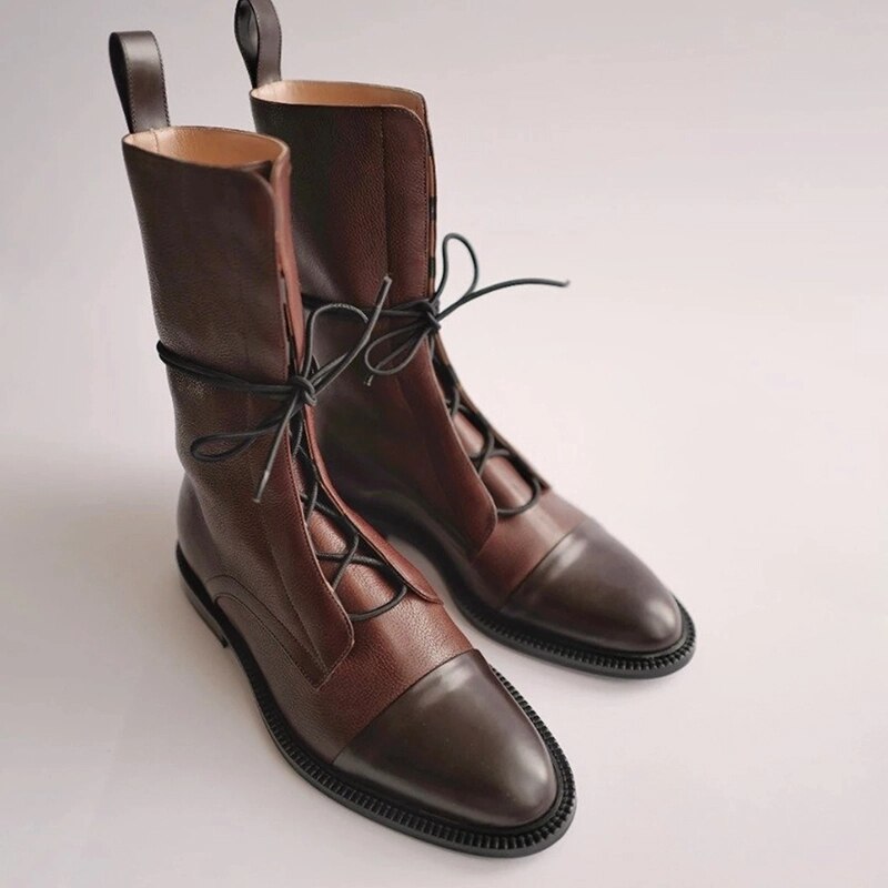 Bottes Femmes à Lacets Style Combat Mi-Mollet 3