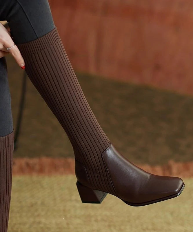 Bottes hautes pour femme à talon épais avec empiècements tricotés 1