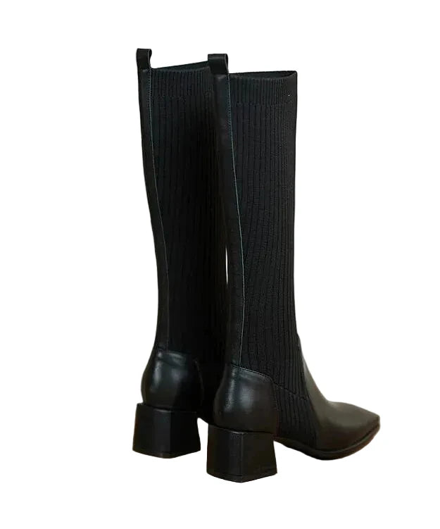 Bottes hautes pour femme à talon épais avec empiècements tricotés 4