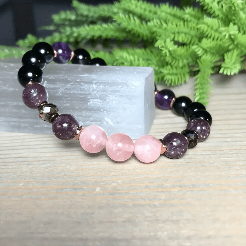 Bracelet en perles d'améthyste et d'obsidienne 2