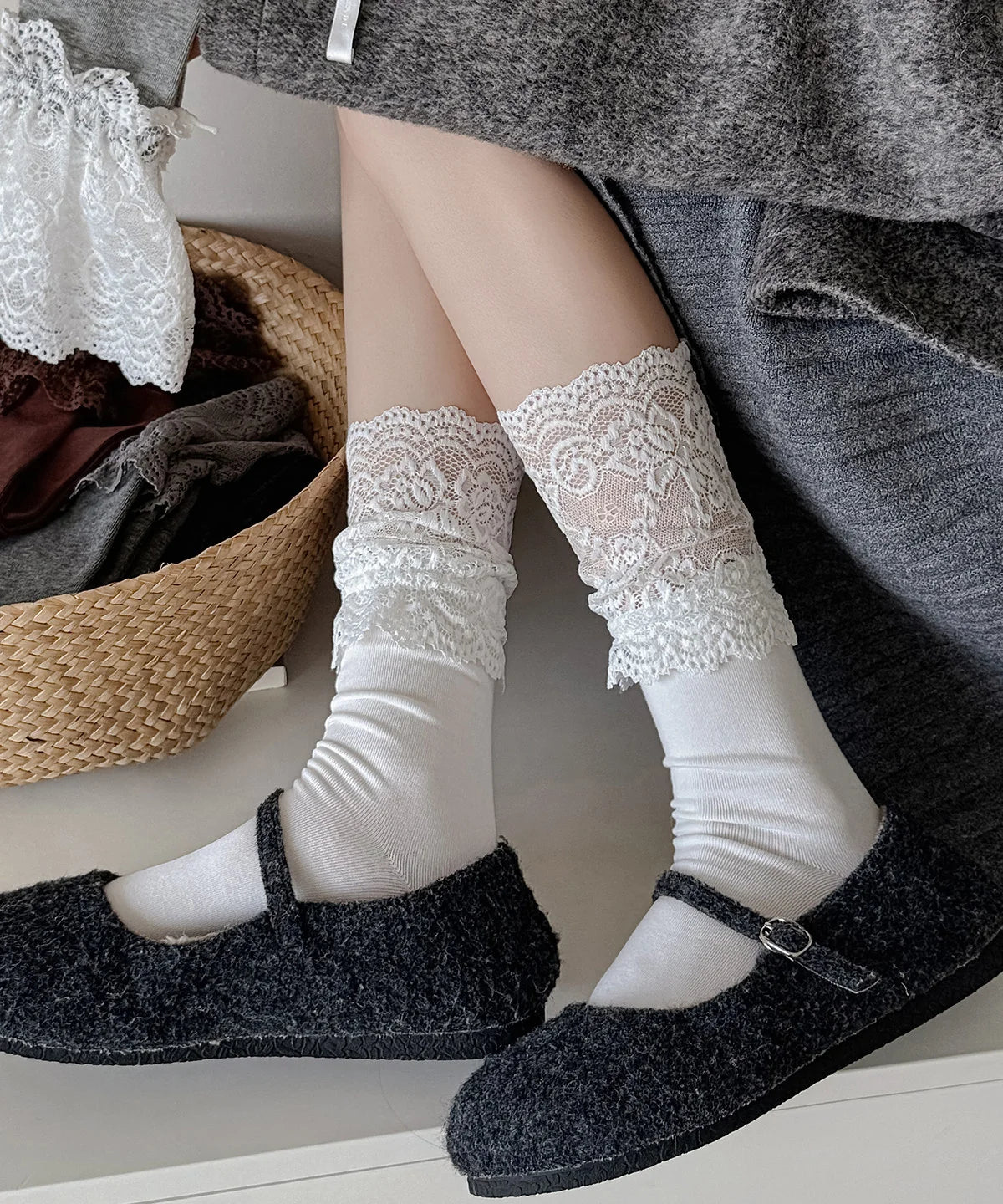 Chaussettes Mi-Mollet Patchwork Dentelle pour Femme 3