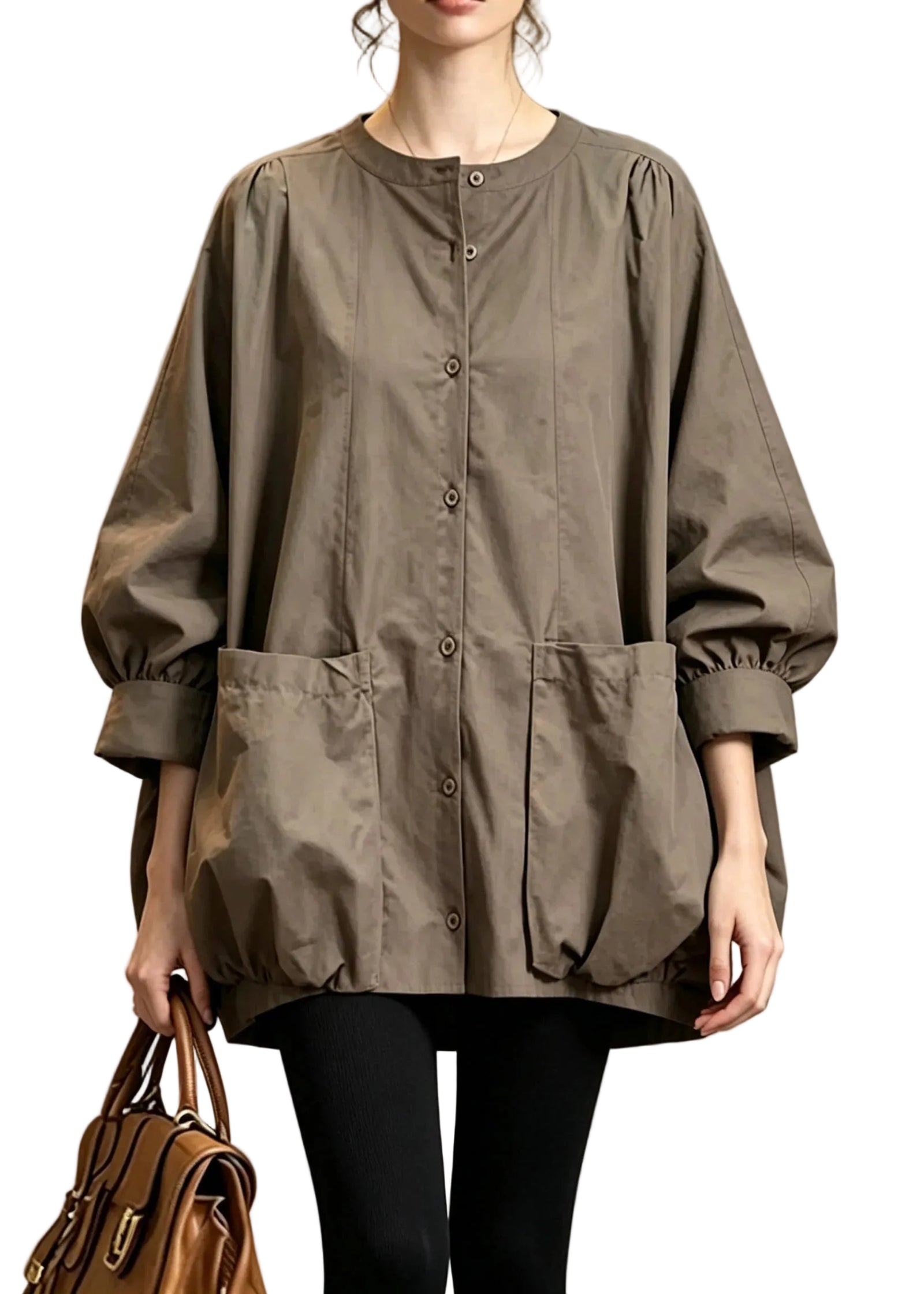 Chemise Femme Ample Col Rond avec Poches Automne 0