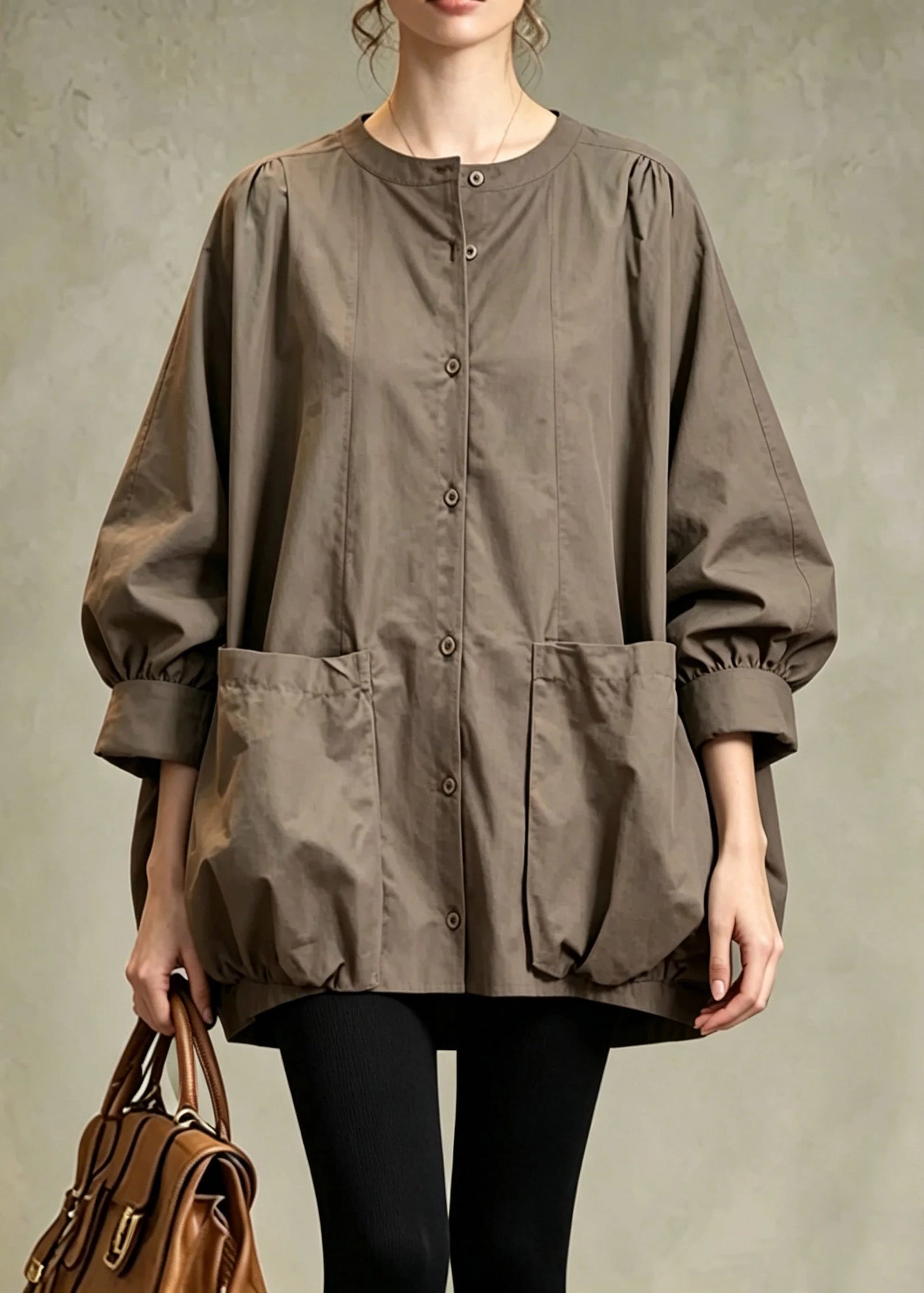 Chemise Femme Ample Col Rond avec Poches Automne 4