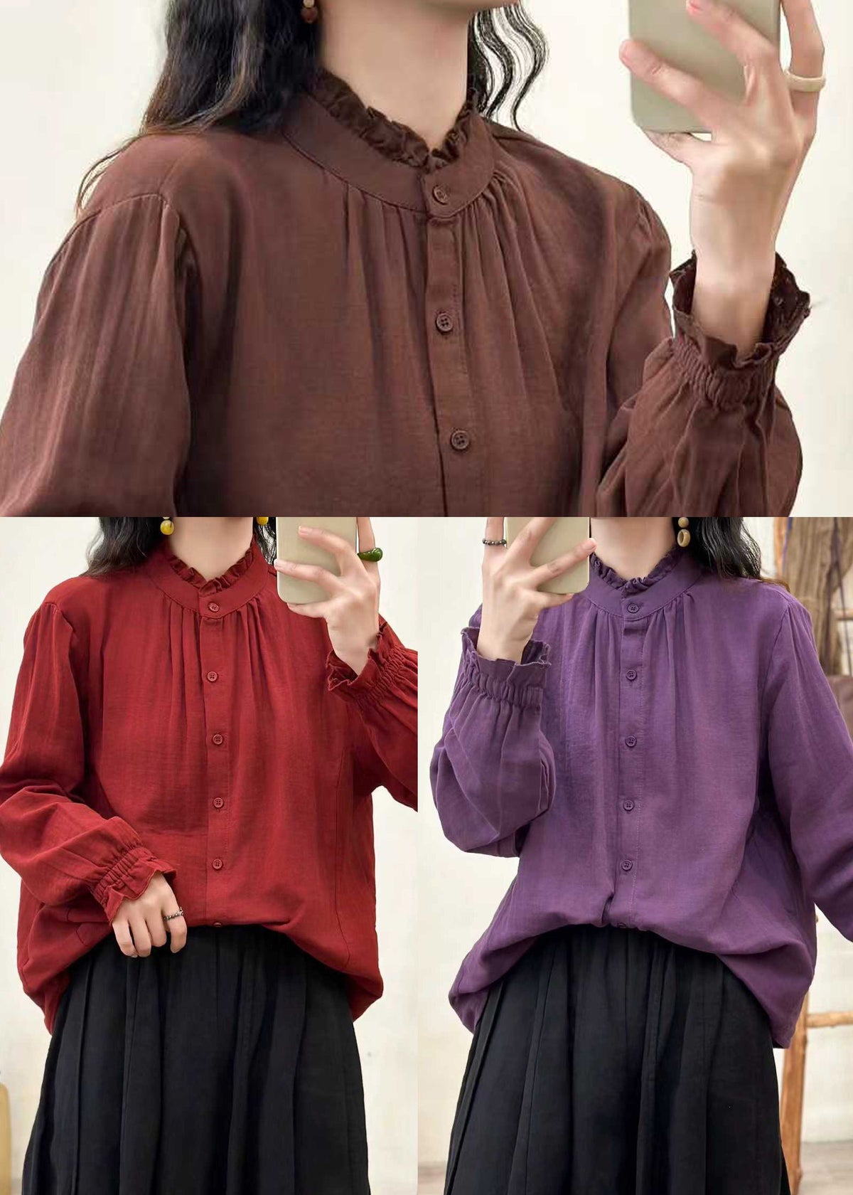 Chemise Femme Ample à Volants Col Montant 4