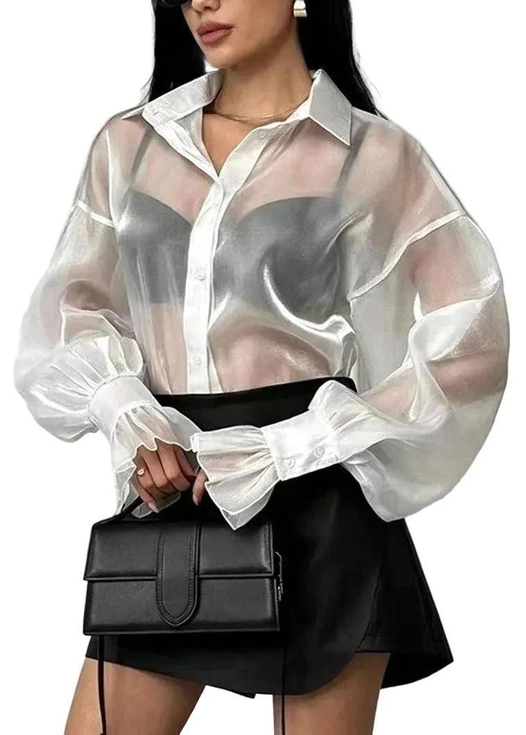 Chemise Femme Col Rabattu Manches Longues Transparente 0