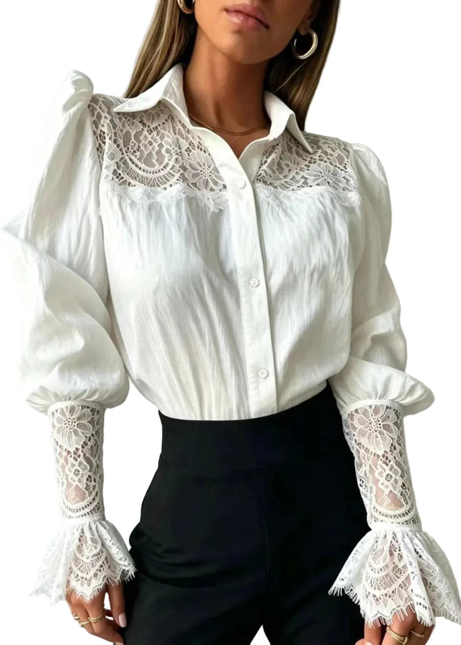 Chemise Femme Col Rabattu avec Empiècements en Dentelle Automne 0