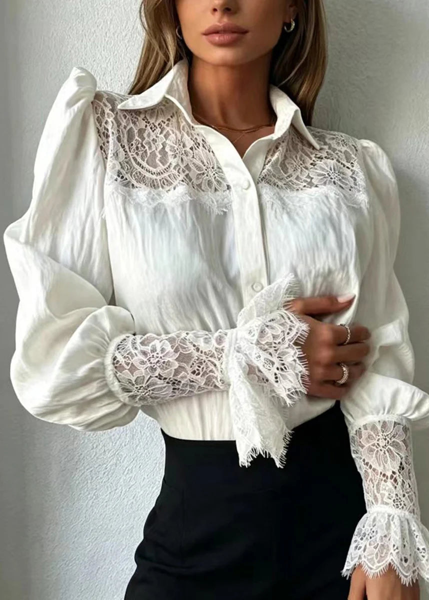 Chemise Femme Col Rabattu avec Empiècements en Dentelle Automne 4