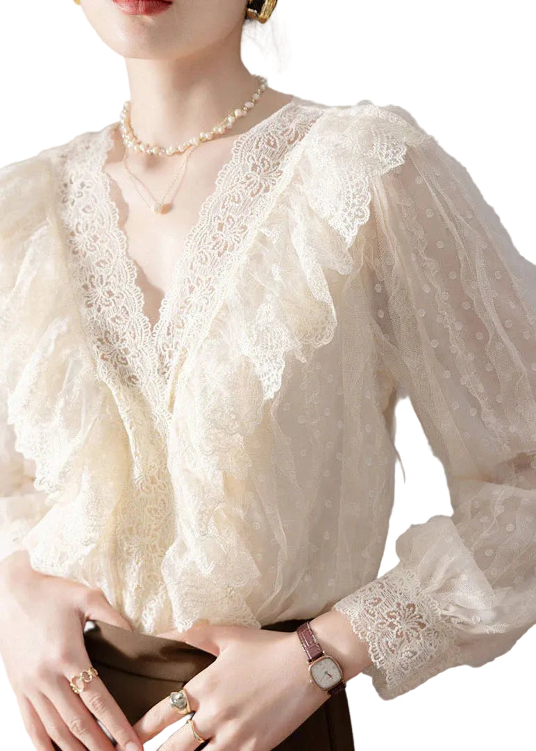Chemise Femme Col V avec Empiècements en Dentelle Style Automnal 0
