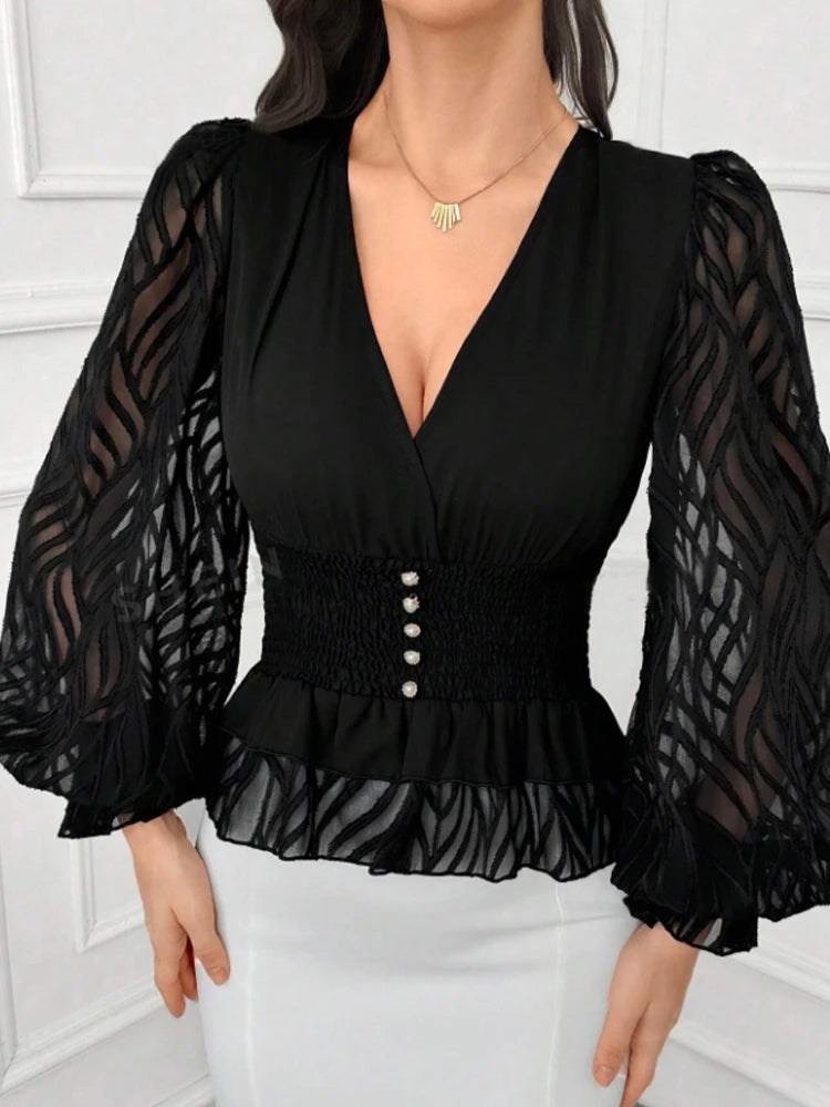 Chemise Femme Col en V avec Manches Lanternes 0