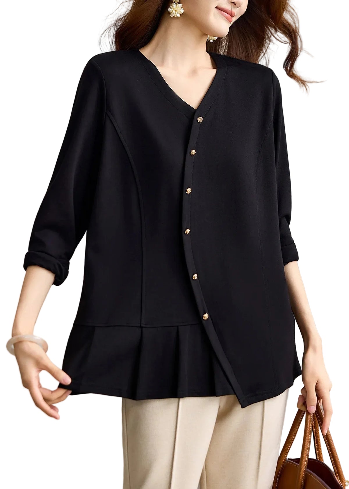 Chemise Femme Décontractée Col V Plissée Manches Longues 0